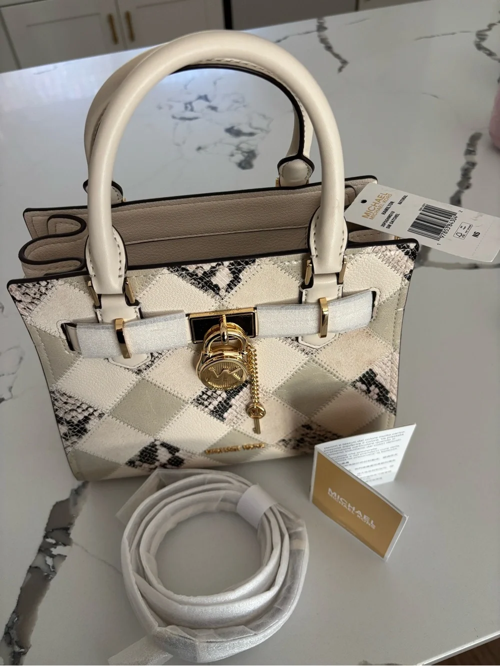 Michael Kors Cream & Black Snake-Print Leather Satchel with Gold Hardware